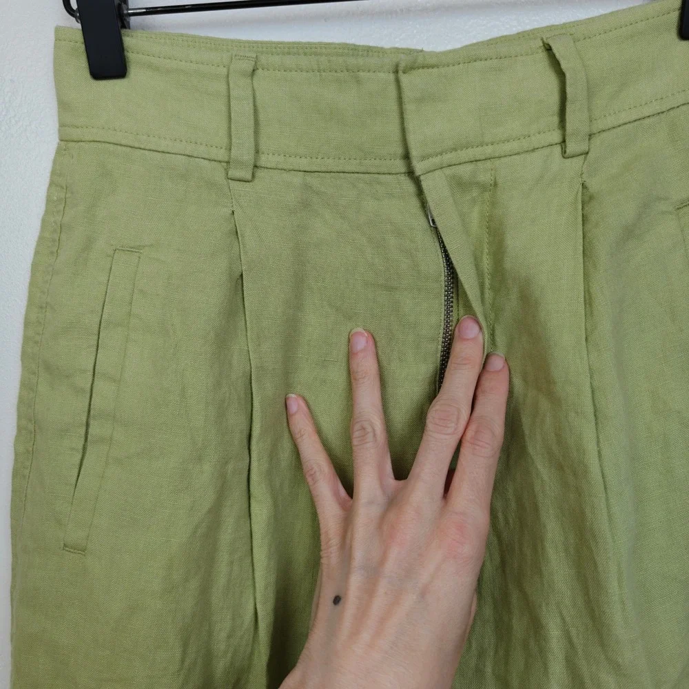 Everlane Way-High Slouch Pants Womens 00 Green Linen Wide Leg High Rise Trousers